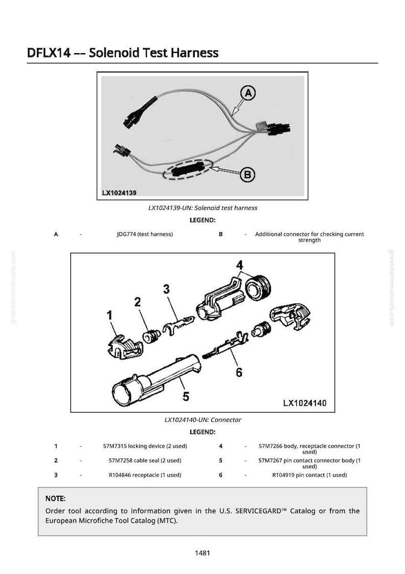 May include: Diagram of a solenoid test harness and connector, labeled DFLX14. The image includes detailed views of the harness with connectors and a breakdown of the connector components, including locking devices and cable seals. Text includes part numbers.