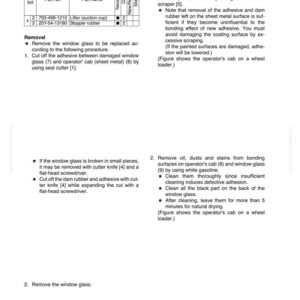 Op de afbeelding: Diagram met instructies voor het verwijderen en installeren van de cabineglas van de bestuurder. Bevat een lijst met speciaal gereedschap. Instructies voor het verwijderen van lijm en het vervangen van het glas.