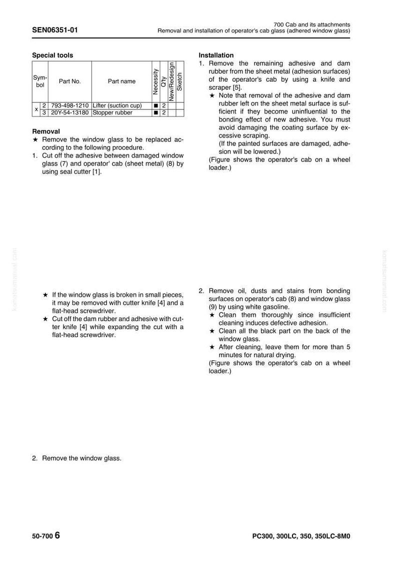 Op de afbeelding: Diagram met instructies voor het verwijderen en installeren van de cabineglas van de bestuurder. Bevat een lijst met speciaal gereedschap. Instructies voor het verwijderen van lijm en het vervangen van het glas.