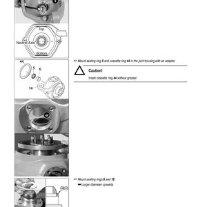 May include: Technical diagram of axles with detailed illustrations of components, including sealing rings, bushings, and cassette rings. Text instructions are provided, including a caution about inserting cassette ring 44 without grease.