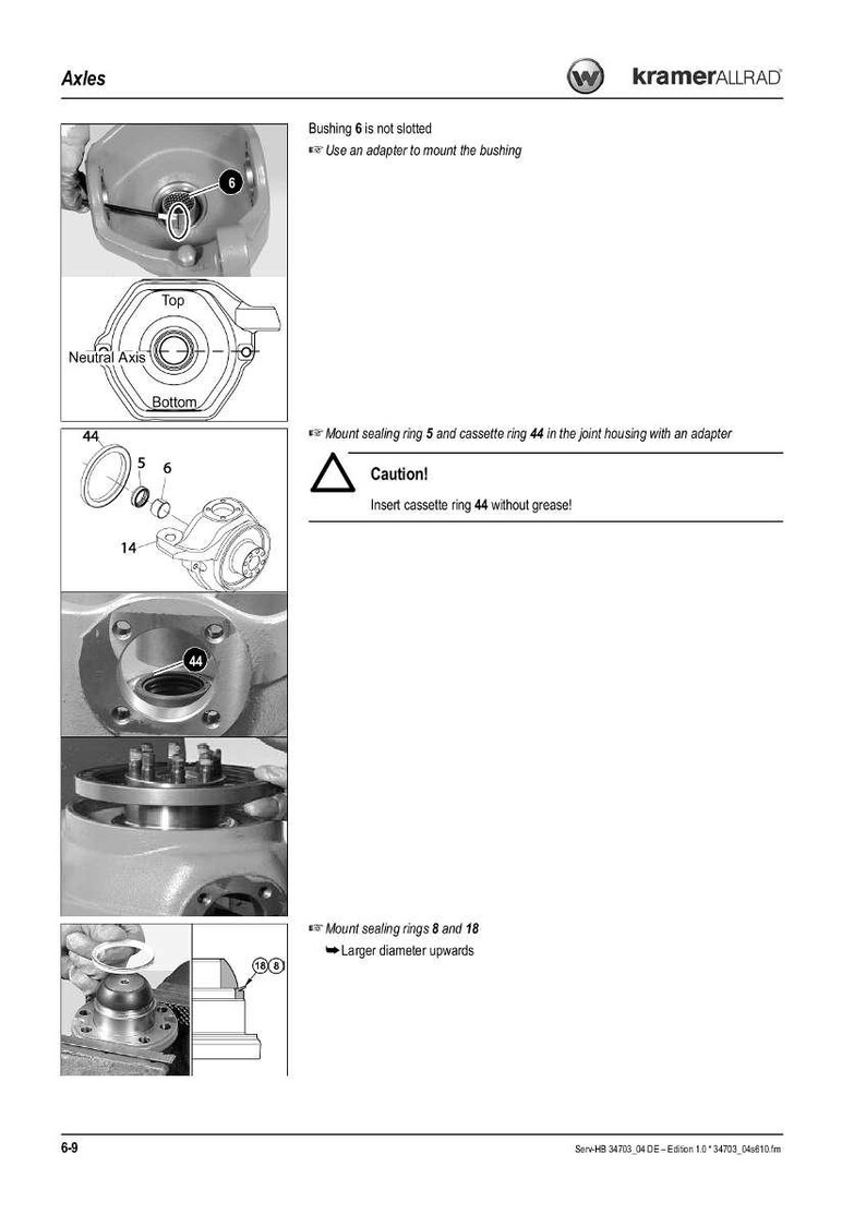 May include: Technical diagram of axles with detailed illustrations of components, including sealing rings, bushings, and cassette rings. Text instructions are provided, including a caution about inserting cassette ring 44 without grease.