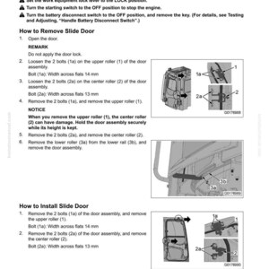 May include: A manual page with instructions for removing and installing a slide door. The text provides step-by-step guidance, diagrams, and measurements in millimetres. The diagrams illustrate the door assembly and its parts.