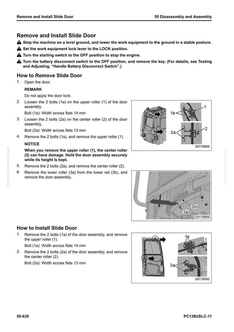 May include: A manual page with instructions for removing and installing a slide door. The text provides step-by-step guidance, diagrams, and measurements in millimetres. The diagrams illustrate the door assembly and its parts.