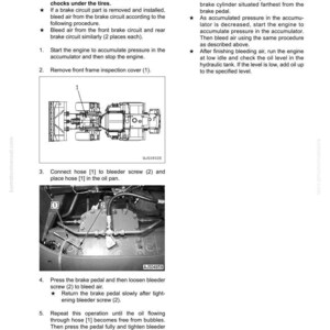 Puede incluir: Una p&aacute;gina del manual de Komatsu que detalla el proceso de purga de aire del circuito de freno de rueda. El texto incluye pasos numerados y diagramas de los componentes de la maquinaria, con etiquetas y flechas.