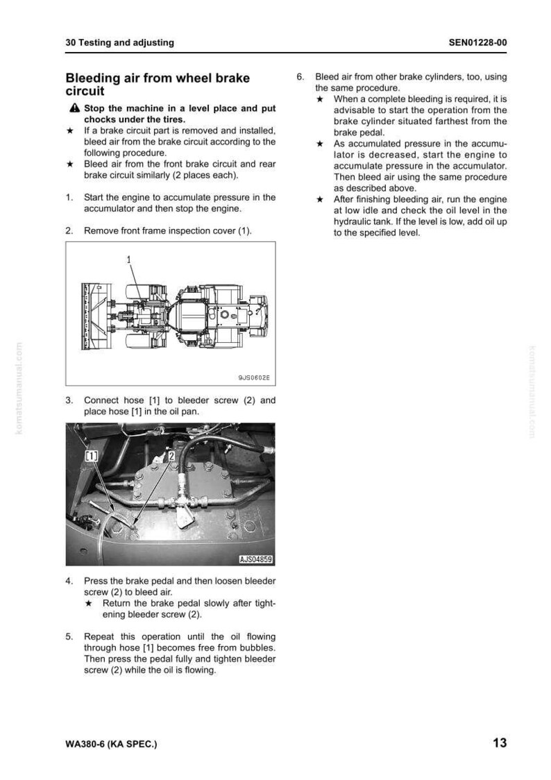 Puede incluir: Una p&aacute;gina del manual de Komatsu que detalla el proceso de purga de aire del circuito de freno de rueda. El texto incluye pasos numerados y diagramas de los componentes de la maquinaria, con etiquetas y flechas.