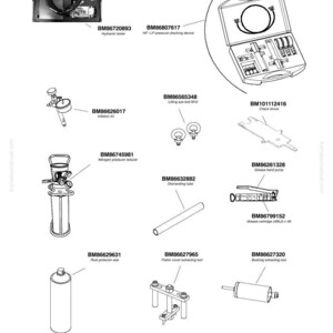 Puede incluir: Diagrama en blanco y negro de diversas herramientas y equipos, incluyendo un comprobador hidr&aacute;ulico, una bomba de grasa y un tubo de desmontaje. La imagen incluye etiquetas con n&uacute;meros de pieza y descripciones.