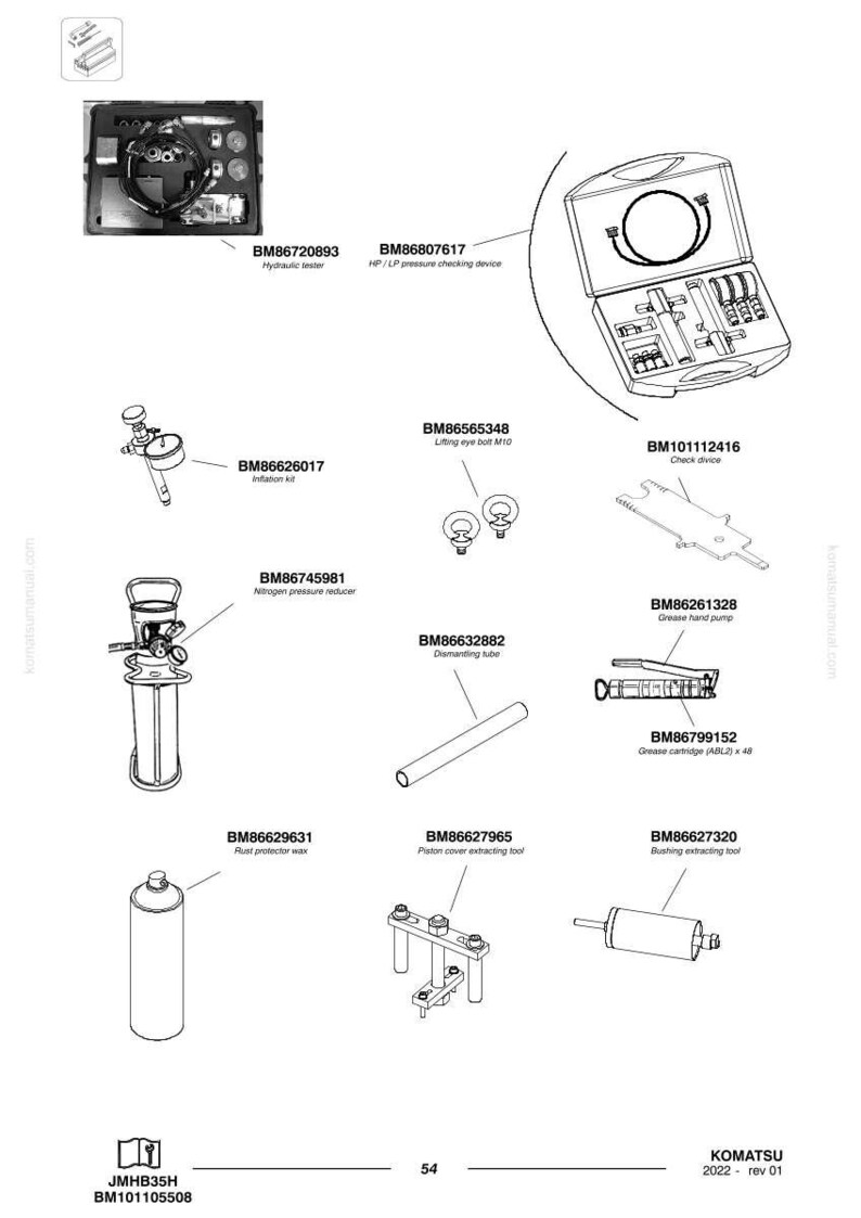 Puede incluir: Diagrama en blanco y negro de diversas herramientas y equipos, incluyendo un comprobador hidr&aacute;ulico, una bomba de grasa y un tubo de desmontaje. La imagen incluye etiquetas con n&uacute;meros de pieza y descripciones.