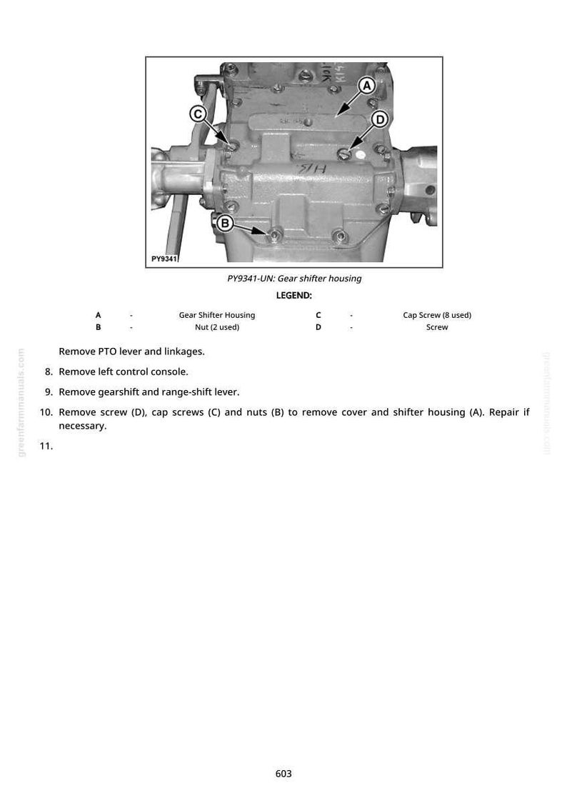 May include: Diagram of a gear shifter housing with labels A, B, C, and D. The image includes a legend identifying the parts: Gear Shifter Housing, Nut (2 used), Cap Screw (8 used), and Screw. Text instructions are also included.