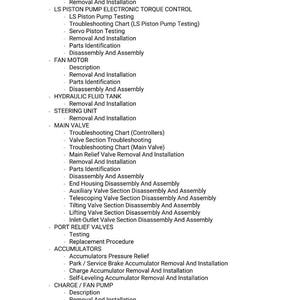 May include: A detailed list of mechanical components and procedures, including "Removal And Installation," "Parts Identification," and "Disassembly And Assembly." The text covers various systems like "Collector Block," "Fan Motor," and "Main Valve."
