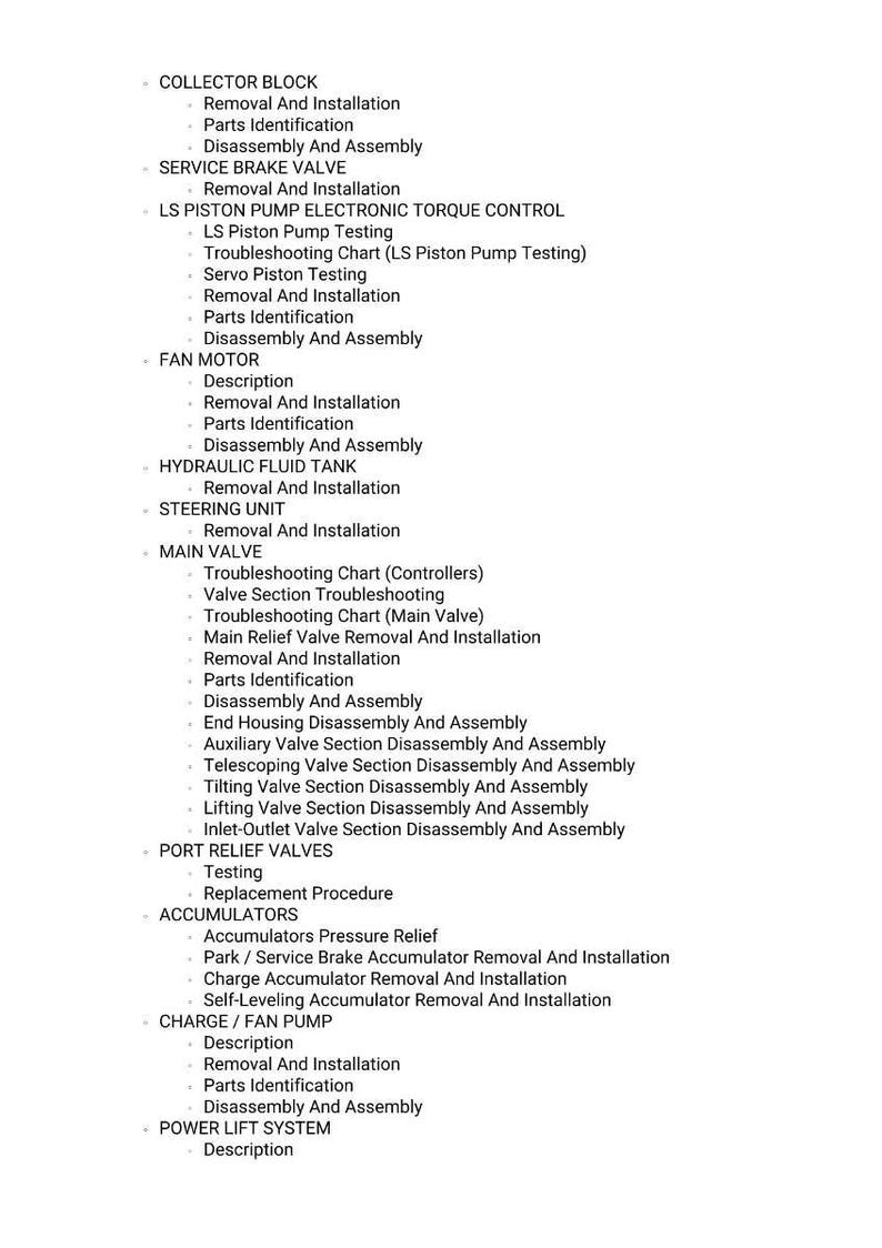 May include: A detailed list of mechanical components and procedures, including "Removal And Installation," "Parts Identification," and "Disassembly And Assembly." The text covers various systems like "Collector Block," "Fan Motor," and "Main Valve."