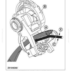 May include: Technical diagram of a mechanical assembly, labelled A, B, C, and X. Features include a needle, twine retainer disc, and round bar. Text reads "ZX1046392-UN: Adjust the Distance Between Needle and Knotter". The round bar measures 12 &plusmn; 2 mm.
