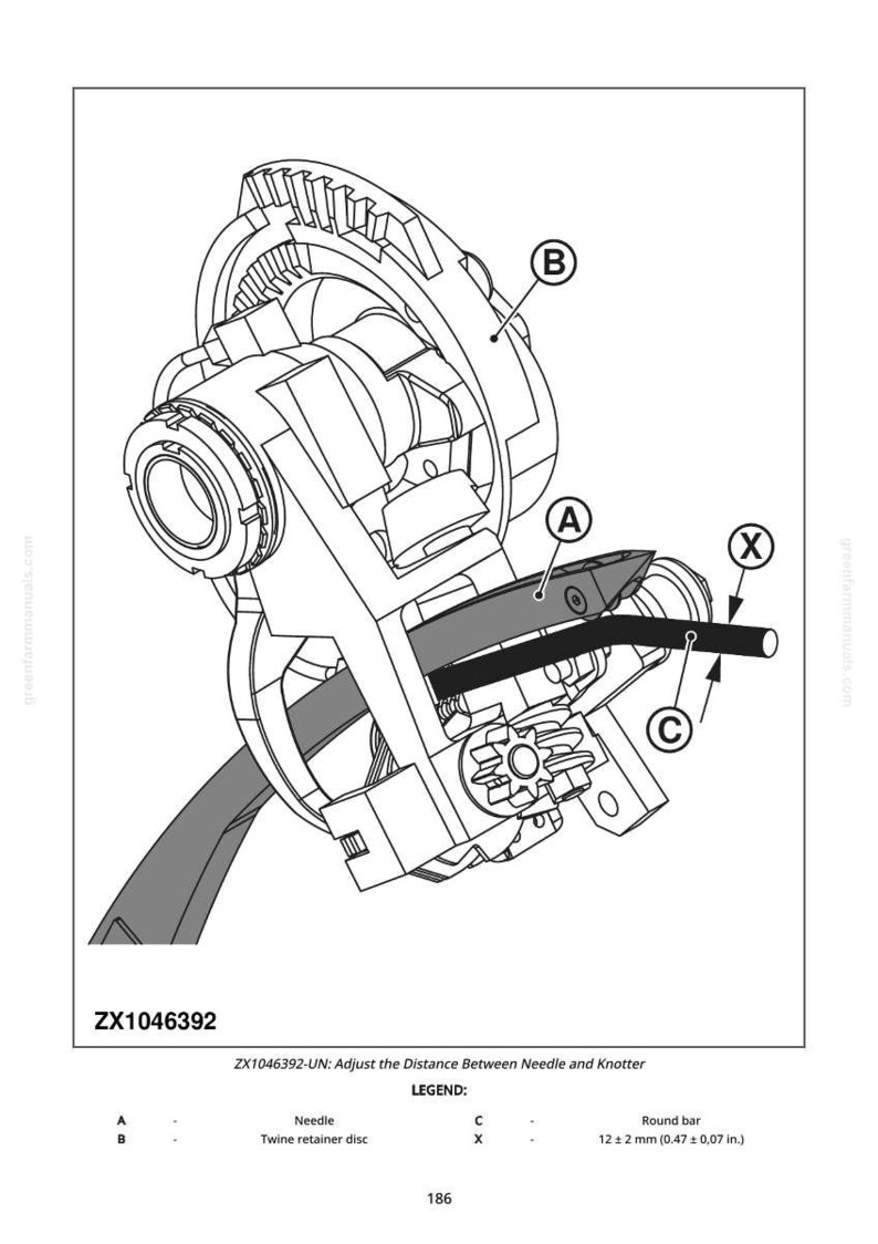 May include: Technical diagram of a mechanical assembly, labelled A, B, C, and X. Features include a needle, twine retainer disc, and round bar. Text reads "ZX1046392-UN: Adjust the Distance Between Needle and Knotter". The round bar measures 12 &plusmn; 2 mm.