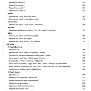 Pu&ograve; includere: Pagina di un manuale tecnico con un sommario. Il testo include procedure di riparazione, installazione di sensori, istruzioni per le centraline e manutenzione idraulica. Il numero di pagina &egrave; 4.