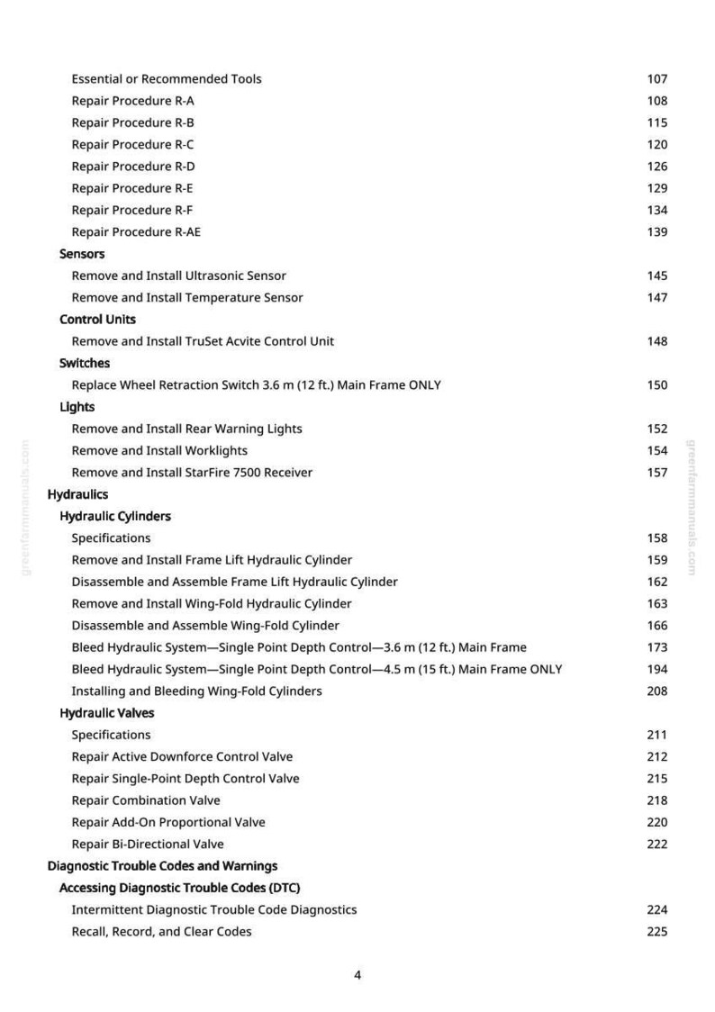 Pu&ograve; includere: Pagina di un manuale tecnico con un sommario. Il testo include procedure di riparazione, installazione di sensori, istruzioni per le centraline e manutenzione idraulica. Il numero di pagina &egrave; 4.
