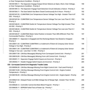 May include: A page from a manual with a list of diagnostic trouble codes and messages related to a vehicle's systems. The text includes codes, descriptions, and priority levels, such as "CAN Bus Message" and "CLIMATRAK".