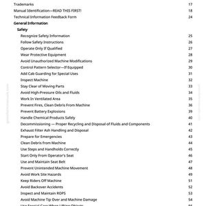 May include: A white page with the title "Table of Contents" and a list of topics including "Safety" and "General Information". The page numbers are listed on the right side.