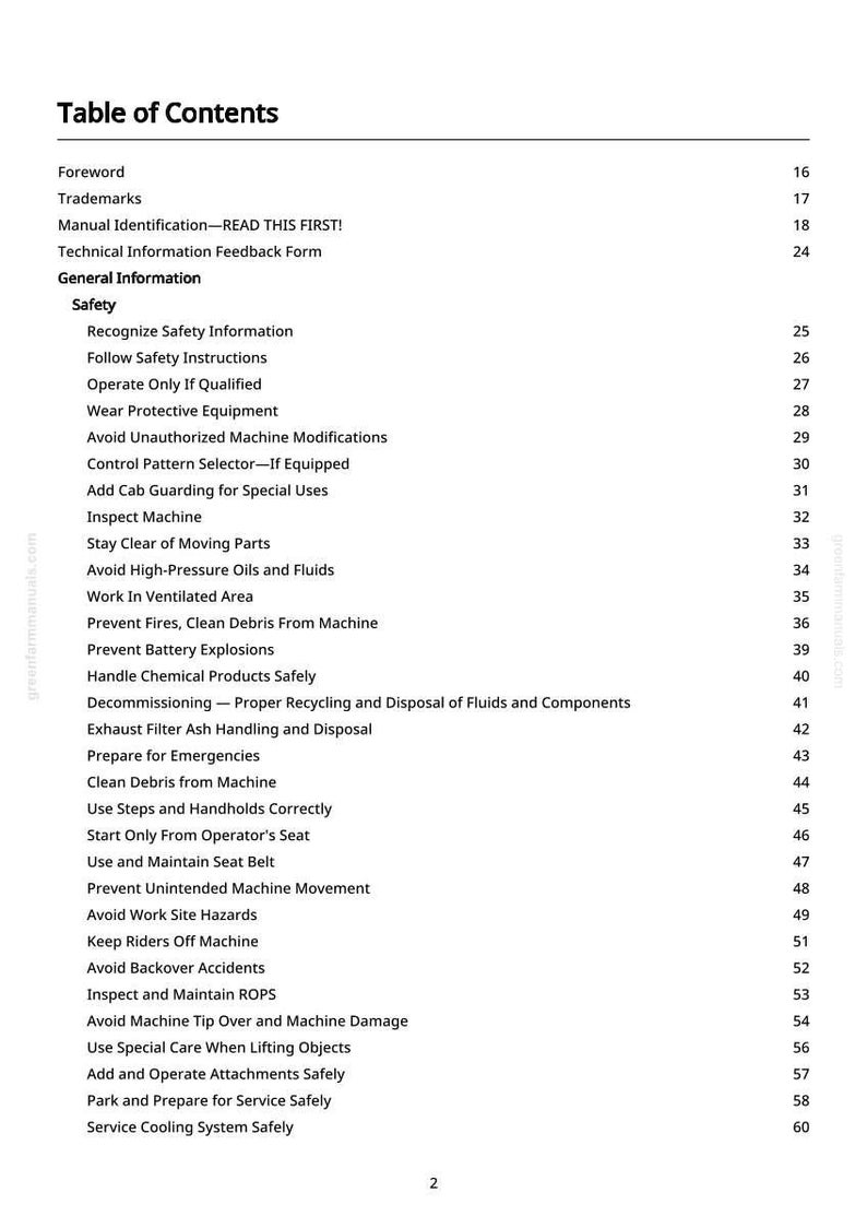 May include: A white page with the title "Table of Contents" and a list of topics including "Safety" and "General Information". The page numbers are listed on the right side.