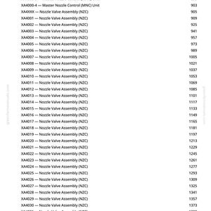 May include: A white page with a list of technical specifications. The text includes model numbers like XA4000-1 and XA4000-2, along with descriptions such as "Master Nozzle Control (MNC) Unit" and "Nozzle Valve Assembly (NZC)."