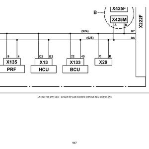 May include: Schematic diagram of a circuit for cab tractors, featuring labeled components like X135 (PRF), X13 (HCU), and X133 (BCU). The diagram includes lines, boxes, and text labels for electrical connections and components.
