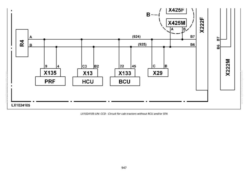 May include: Schematic diagram of a circuit for cab tractors, featuring labeled components like X135 (PRF), X13 (HCU), and X133 (BCU). The diagram includes lines, boxes, and text labels for electrical connections and components.