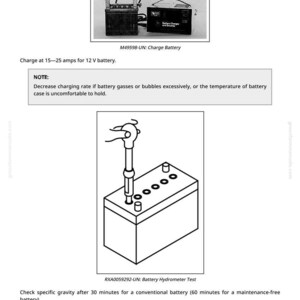 K&ouml;nnte beinhalten: Schwarz-Wei&szlig;-Diagramm einer Autobatterie und eines Ladeger&auml;ts. Der Text lautet: "Laden mit 15-25 Ampere f&uuml;r 12-V-Batterie." Ein weiteres Diagramm zeigt einen Batterie-Hydrometer-Test.