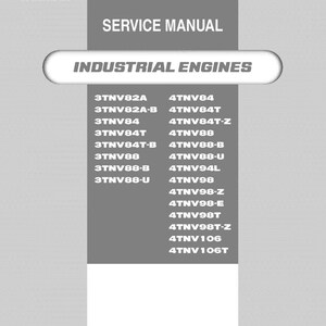 Pode incluir: Manual de servi&ccedil;o para motores industriais Yanmar. A capa cinza apresenta o texto "SERVICE MANUAL" e "INDUSTRIAL ENGINES" em branco. Uma lista de n&uacute;meros de modelos de motores &eacute; exibida abaixo.