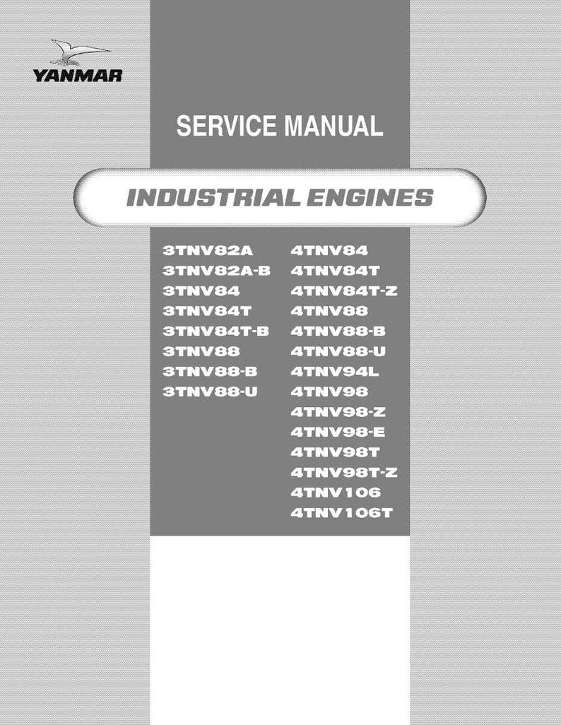 Pode incluir: Manual de servi&ccedil;o para motores industriais Yanmar. A capa cinza apresenta o texto "SERVICE MANUAL" e "INDUSTRIAL ENGINES" em branco. Uma lista de n&uacute;meros de modelos de motores &eacute; exibida abaixo.