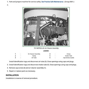 Puede incluir: Diagrama del procedimiento de extracci&oacute;n e instalaci&oacute;n del conjunto del filtro de aire. La imagen muestra el conjunto con componentes numerados, incluido el filtro de aire, las abrazaderas y el tubo de admisi&oacute;n. El texto proporciona instrucciones paso a paso.