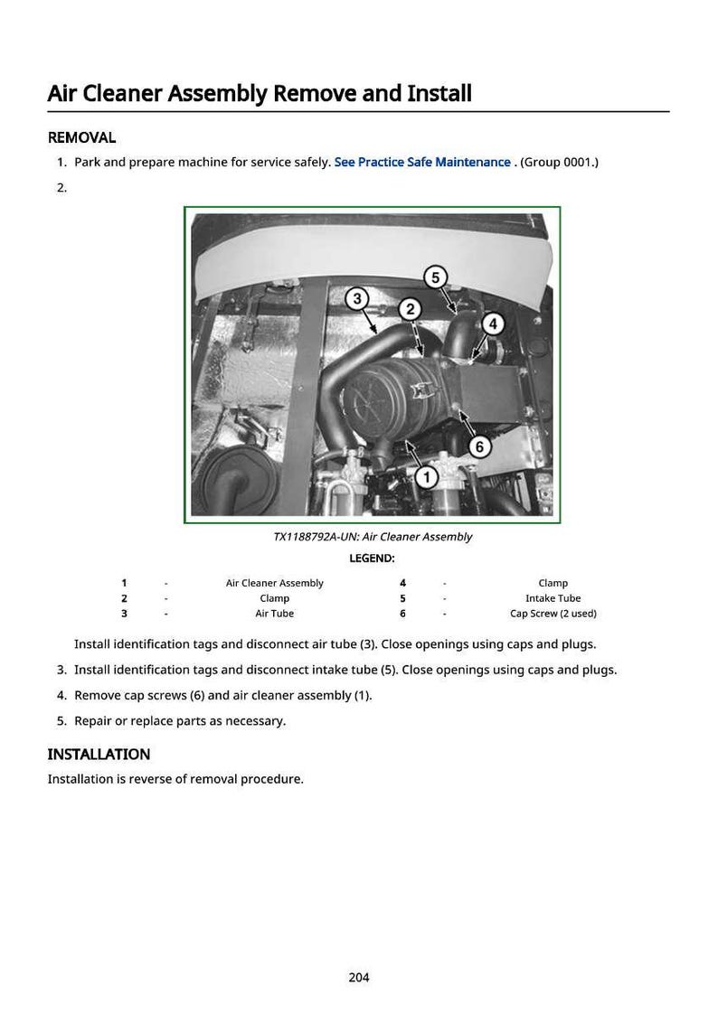 Puede incluir: Diagrama del procedimiento de extracci&oacute;n e instalaci&oacute;n del conjunto del filtro de aire. La imagen muestra el conjunto con componentes numerados, incluido el filtro de aire, las abrazaderas y el tubo de admisi&oacute;n. El texto proporciona instrucciones paso a paso.