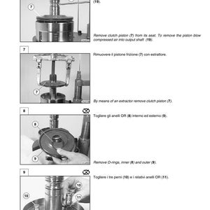 May include: Technical diagram showing the disassembly of a Carraro TLB2 4WD 4WS/2WS PS component. The image includes numbered steps with corresponding text instructions, including removing the clutch piston and O-rings. The diagram is in black and white.