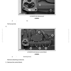 May include: Diagram of mechanical components with labels. The image shows two detailed views of machinery parts, including a pin and control block. Text indicates steps for removal, with labels like "A" pointing to specific screws and components.