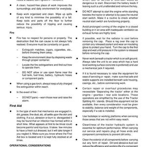 May include: A page from a Massey Ferguson workshop manual with safety instructions. The text covers fire safety, first aid, and operational considerations for tractor maintenance. Includes warnings and procedures for safe operation.
