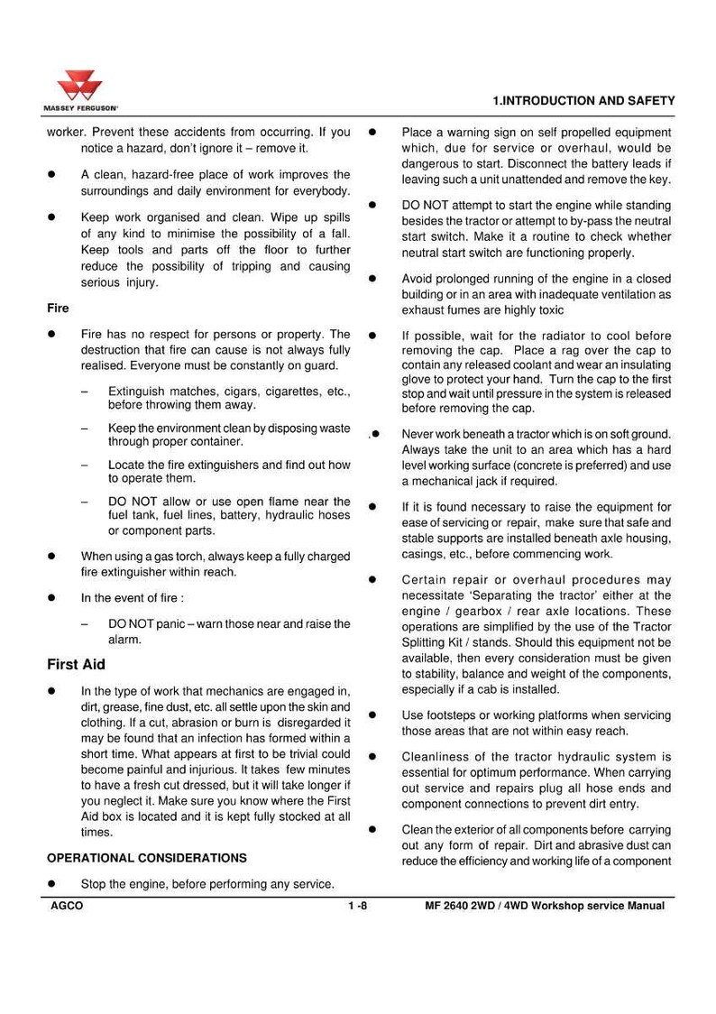 May include: A page from a Massey Ferguson workshop manual with safety instructions. The text covers fire safety, first aid, and operational considerations for tractor maintenance. Includes warnings and procedures for safe operation.