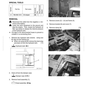 K&ouml;nnte beinhalten: Diagramm mit Anweisungen zum Ausbau und Einbau einer Hydraulikpumpenbaugruppe. Enth&auml;lt Schritte zum Entfernen von Abdeckungen, Halterungen und Klemmen. Ma&szlig;e in Litern und Kilogramm.