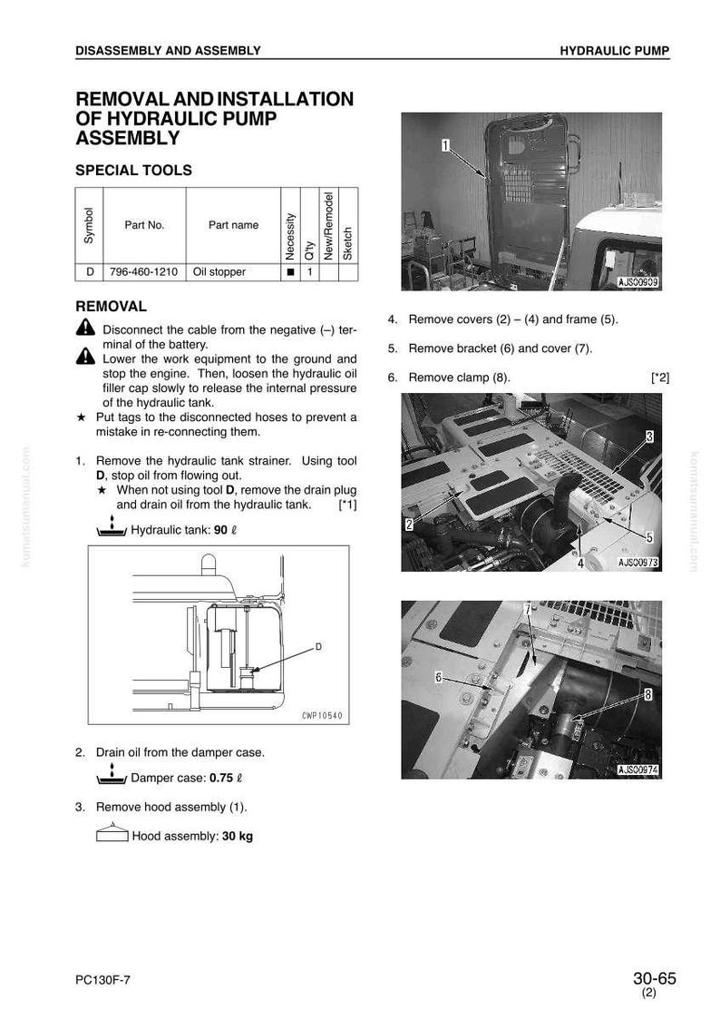 K&ouml;nnte beinhalten: Diagramm mit Anweisungen zum Ausbau und Einbau einer Hydraulikpumpenbaugruppe. Enth&auml;lt Schritte zum Entfernen von Abdeckungen, Halterungen und Klemmen. Ma&szlig;e in Litern und Kilogramm.