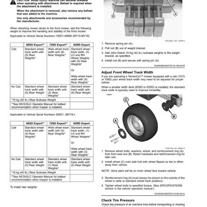 May include: Diagram of instructions for installing ballast and adjusting front wheel track width. Includes diagrams of parts and tables with weight specifications for different mower models.