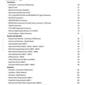 Op de afbeelding: Een pagina uit een handleiding met een gedetailleerde inhoudsopgave. Secties omvatten Algemene informatie, Elektrisch systeem, Connectoren, Sensoren en schakelaars, Actuatoren en Aandrijflijn. Paginanummers staan rechts.