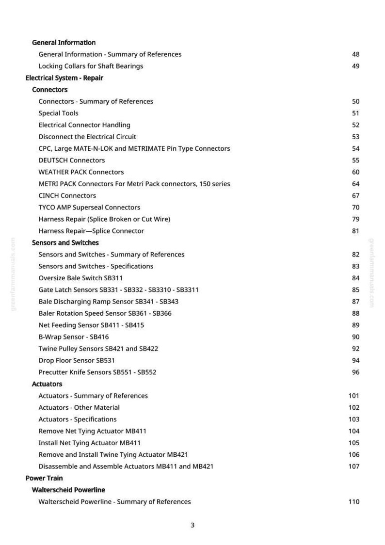 Op de afbeelding: Een pagina uit een handleiding met een gedetailleerde inhoudsopgave. Secties omvatten Algemene informatie, Elektrisch systeem, Connectoren, Sensoren en schakelaars, Actuatoren en Aandrijflijn. Paginanummers staan rechts.