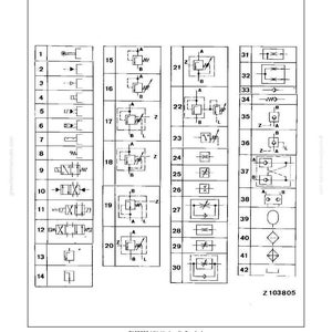 May include: Diagram of hydraulic symbols, as defined by ISO 1219, with numbered illustrations. The image includes various symbols for hydraulic components, such as valves, pumps, and cylinders, in a black and white format.