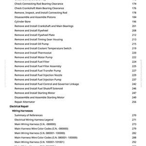 May include: A page from a manual with a list of automotive repair procedures, including engine and electrical system tasks. The text includes items like "Remove and Install Camshaft" and "Wiring Harnesses."