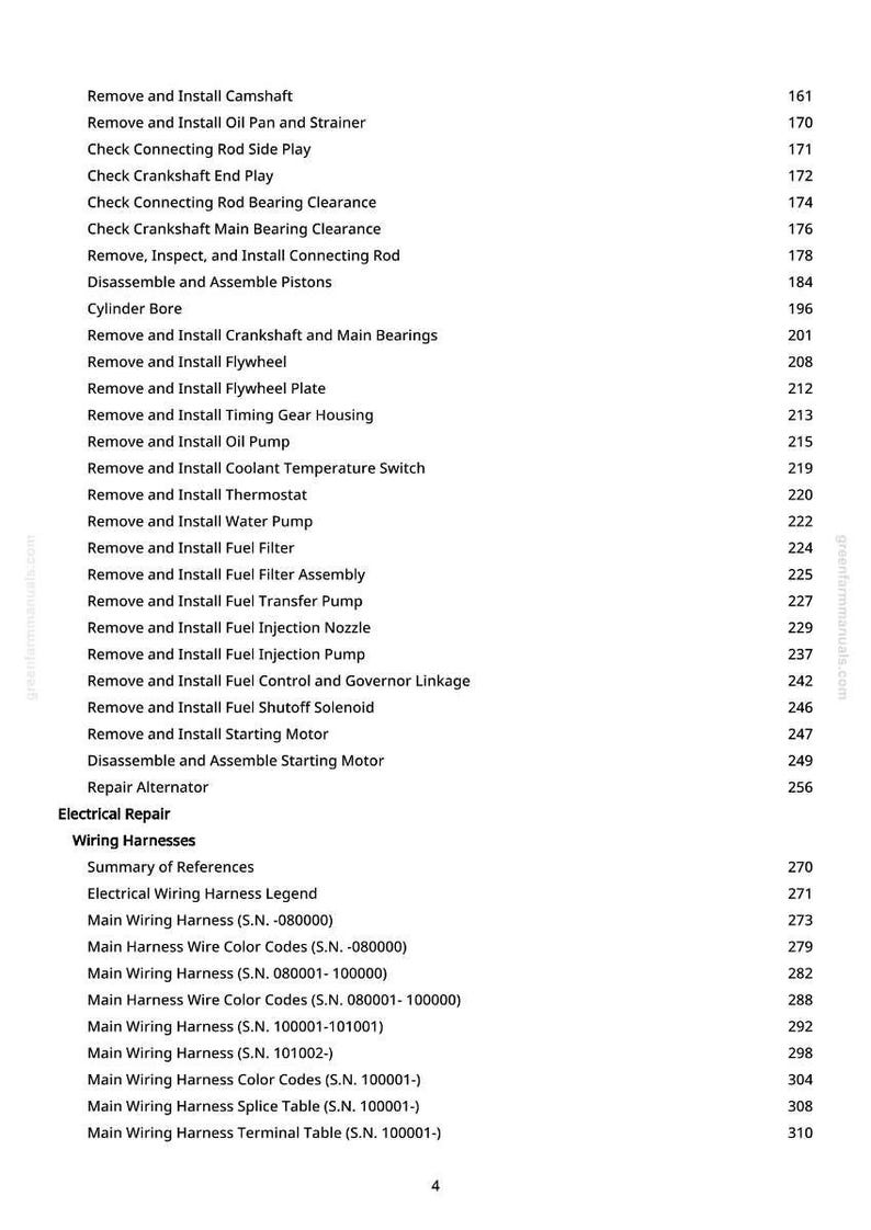 May include: A page from a manual with a list of automotive repair procedures, including engine and electrical system tasks. The text includes items like "Remove and Install Camshaft" and "Wiring Harnesses."