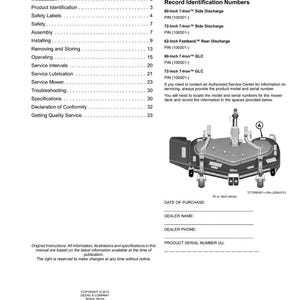 Puede incluir: P&aacute;gina de manual con &iacute;ndice, identificaci&oacute;n del producto y diagrama de plataforma de corte. Incluye espacios para fecha de compra, datos del distribuidor y n&uacute;mero de serie del producto.