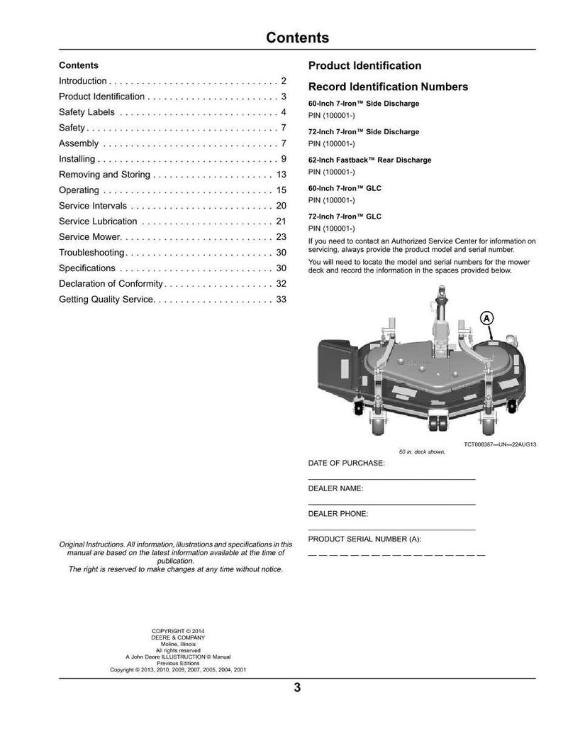 Puede incluir: P&aacute;gina de manual con &iacute;ndice, identificaci&oacute;n del producto y diagrama de plataforma de corte. Incluye espacios para fecha de compra, datos del distribuidor y n&uacute;mero de serie del producto.
