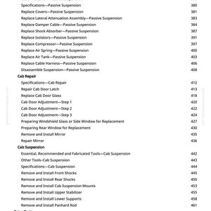 Puede incluir: Una p&aacute;gina impresa con una tabla de contenidos detallada para la reparaci&oacute;n de autom&oacute;viles, que enumera secciones como "Suspensi&oacute;n pasiva", "Reparaci&oacute;n de cabina" y "Suspensi&oacute;n de cabina". El texto es negro sobre fondo blanco.