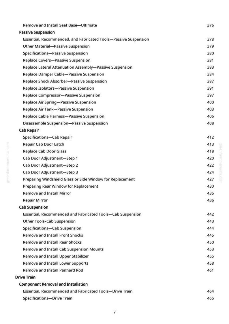 Puede incluir: Una p&aacute;gina impresa con una tabla de contenidos detallada para la reparaci&oacute;n de autom&oacute;viles, que enumera secciones como "Suspensi&oacute;n pasiva", "Reparaci&oacute;n de cabina" y "Suspensi&oacute;n de cabina". El texto es negro sobre fondo blanco.