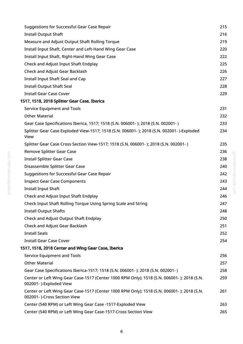 May include: A page from a manual with a list of instructions for gear case repair. The text includes titles such as "Install Output Shaft" and "Check and Adjust Input Shaft Endplay". The page number is 6.