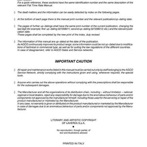 Może przedstawiać: Drukowana instrukcja z tytułem "INTRODUCTORY REMARKS" i "IMPORTANT CAUTION". Tekst jest czarny na białym tle. Instrukcja zawiera informacje o aktualizacjach, naprawach i konserwacji. Na dole strony znajduje się tekst "AGCO Limited - Banner Lane - Coventry - England CV4 9GF".
