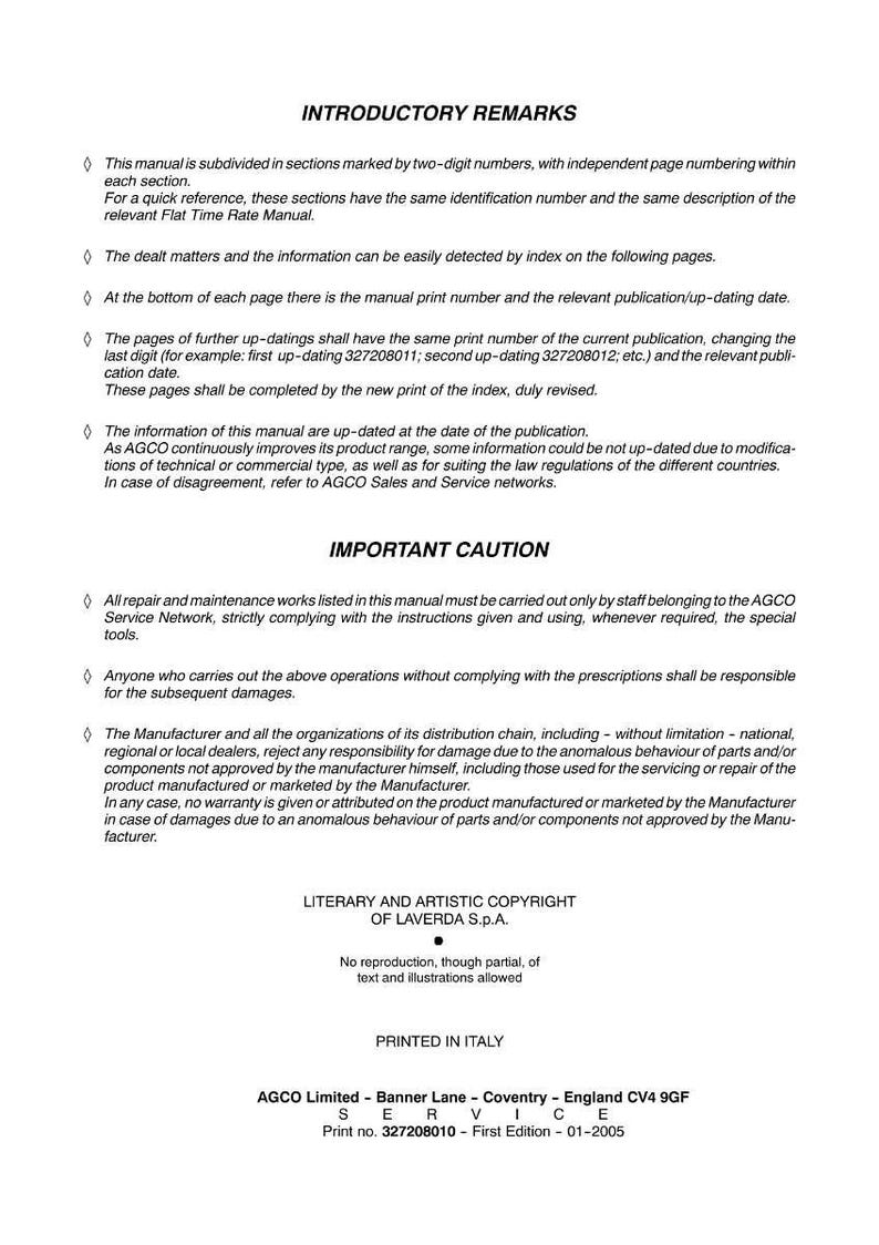 Może przedstawiać: Drukowana instrukcja z tytułem "INTRODUCTORY REMARKS" i "IMPORTANT CAUTION". Tekst jest czarny na białym tle. Instrukcja zawiera informacje o aktualizacjach, naprawach i konserwacji. Na dole strony znajduje się tekst "AGCO Limited - Banner Lane - Coventry - England CV4 9GF".