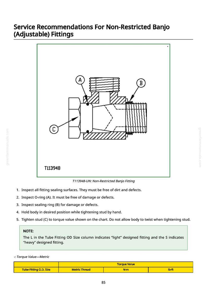 May include: Diagram of a non-restricted banjo fitting with labels A, B, and C. The image includes instructions for inspection and tightening, with a note on tube fitting size. The text also includes torque value information.