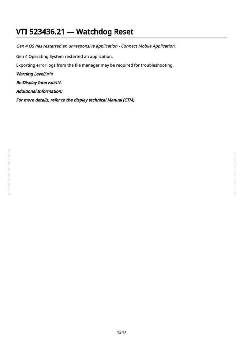 May include: A white document with the title "VTI 523436.21 - Watchdog Reset". The document contains technical information about a system restart, including warning levels and error log exporting. The text is in black font.